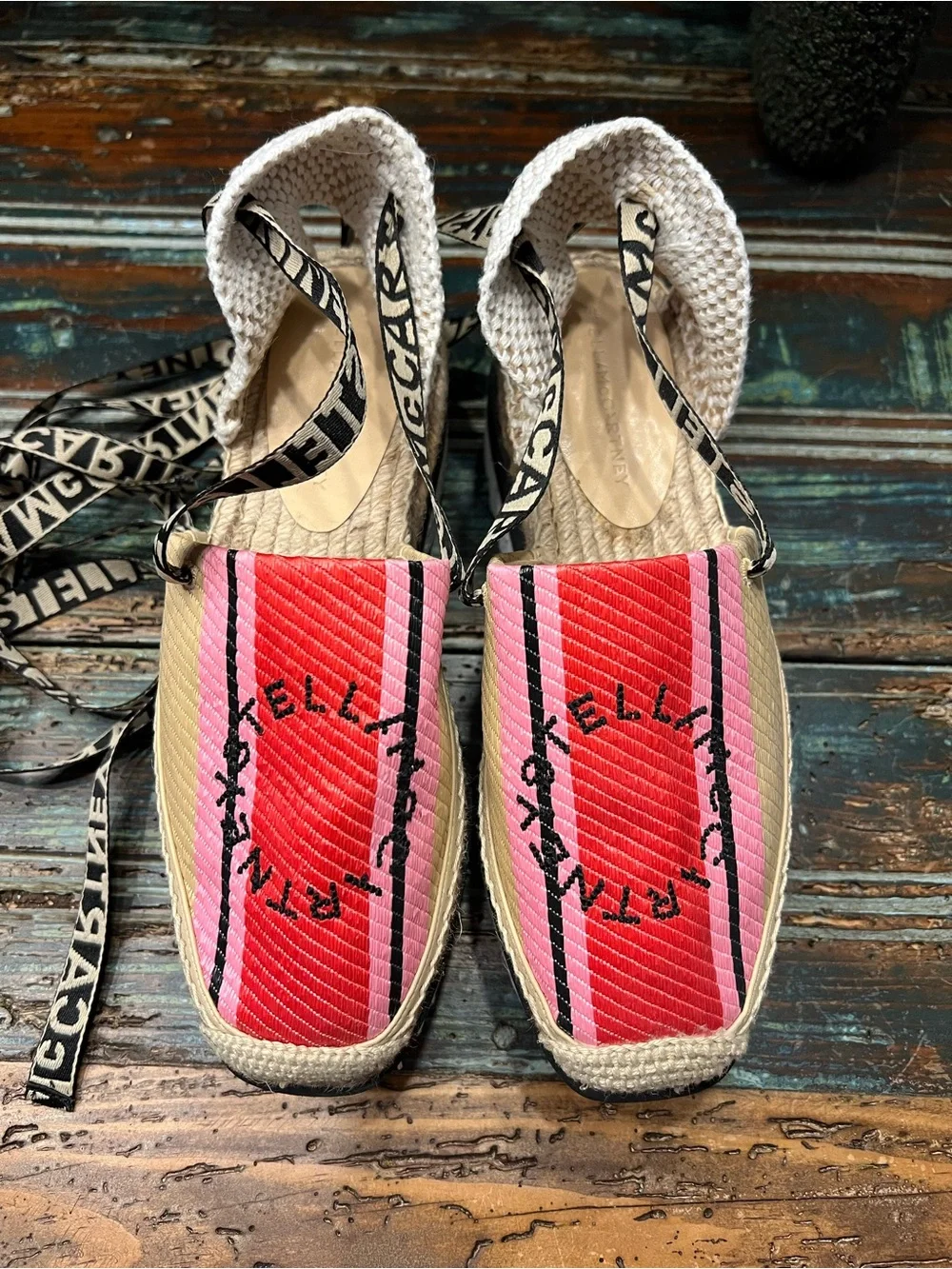 Stella McCartney Pink and Tan Striped Espadrille Platform Sandals